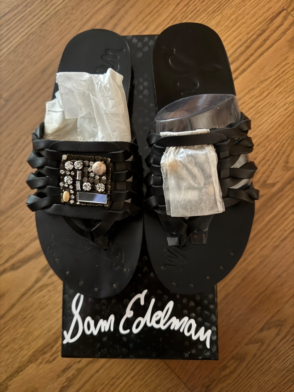 Sam Edelman Black Braided Slide Sandals with Jewel Accent